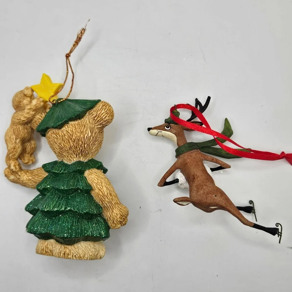 Vintage Clare's 1997 Christmas Bear Ornament Tree Costume + Skating Reindeer Lot